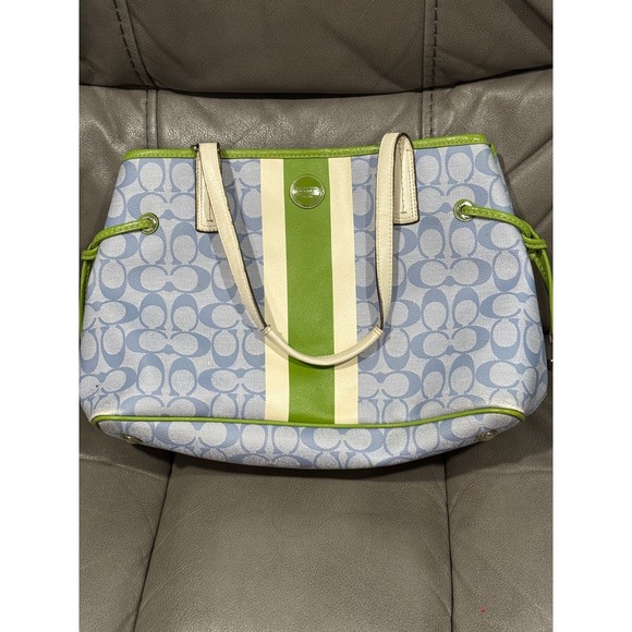 Coach Handbags - Coach Signature Monogram Tote Bag Blue Green White Leather Trim‎ 15" by 11"
